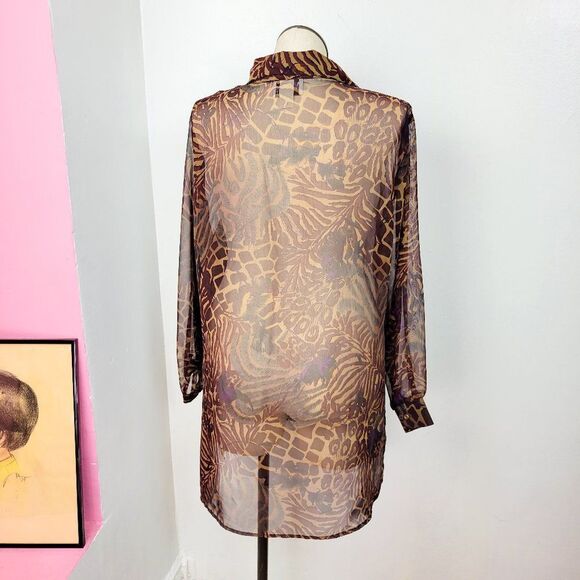 Vintage 90s Brown Animal Print Sheer Tunic Blouse - Picture 4 of 8